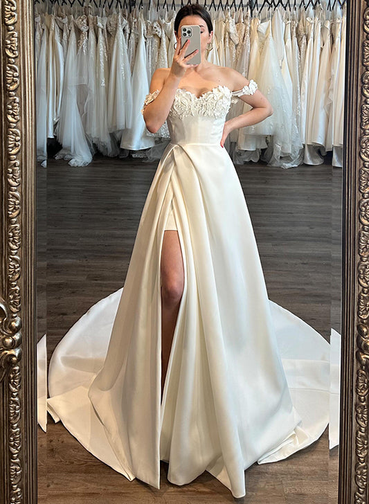 Off-The-Shoulder Sleeveless A-Line Satin Wedding Dresses with Sweep Train