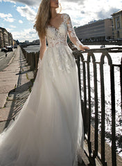 Elegant A-Line Illusion Neck Long Sleeves Sweep Train Lace/Tulle Wedding Dresses