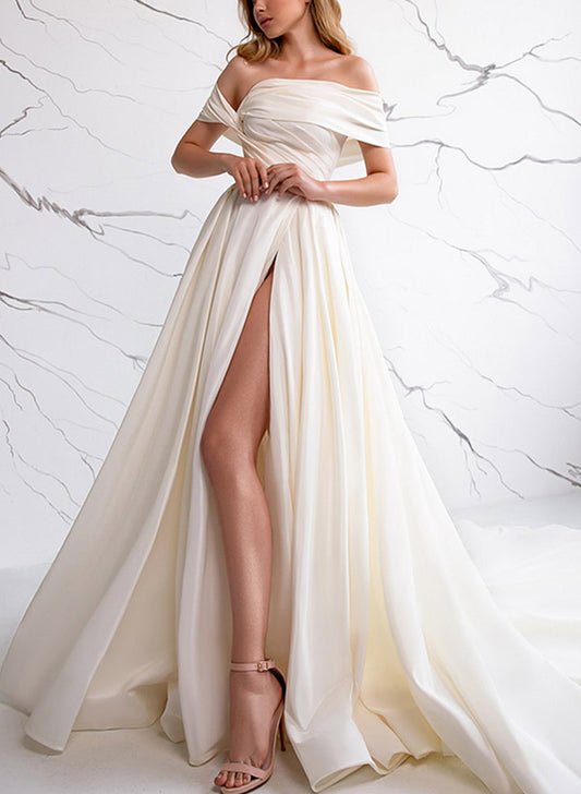 A-Line Off-The-Shoulder Sleeveless Satin Wedding Dresses With Front Split