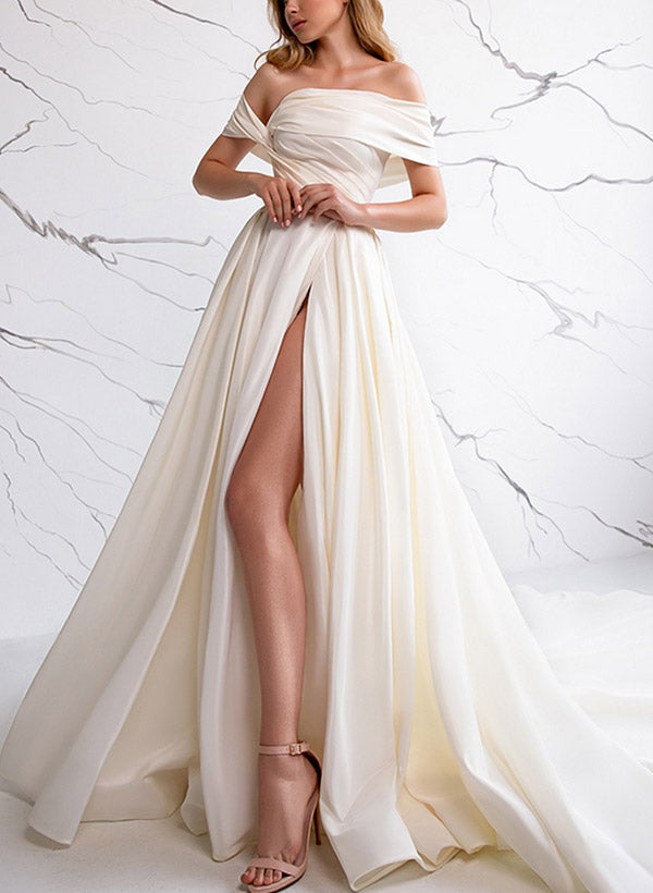 Off-The-Shoulder Sleeveless Satin Wedding Dress With Split Front A-Line