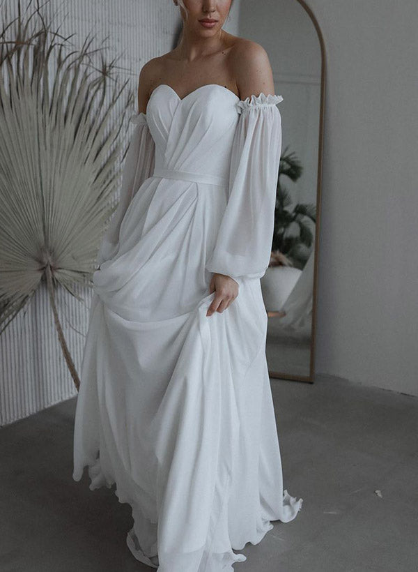 Off-The-Shoulder Long Sleeves Floor-Length Tulle Wedding Dresses