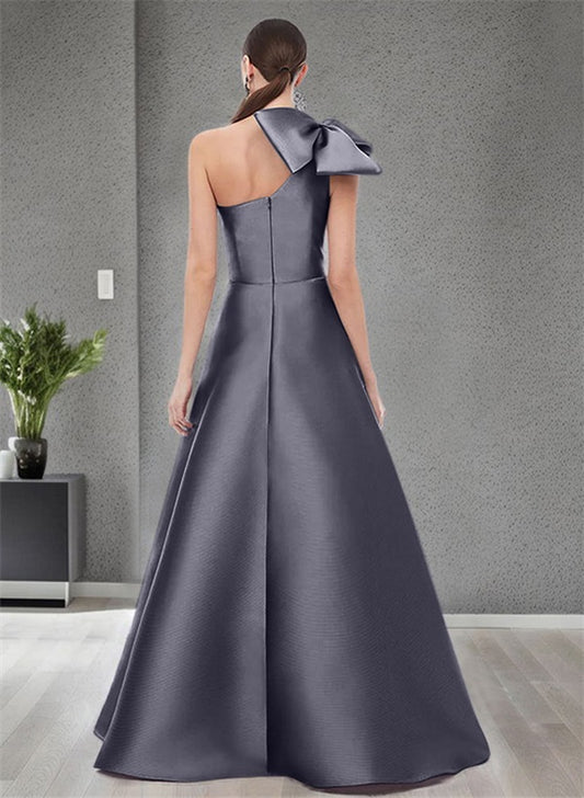 A-Line One-Shoulder Sleeveless Satin Bridesmaid Dresses With Bow(s) and Pockets