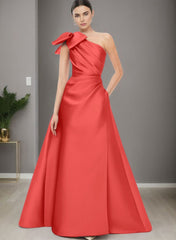 A-Line One-Shoulder Sleeveless Satin Bridesmaid Dresses With Bow(s) and Pockets