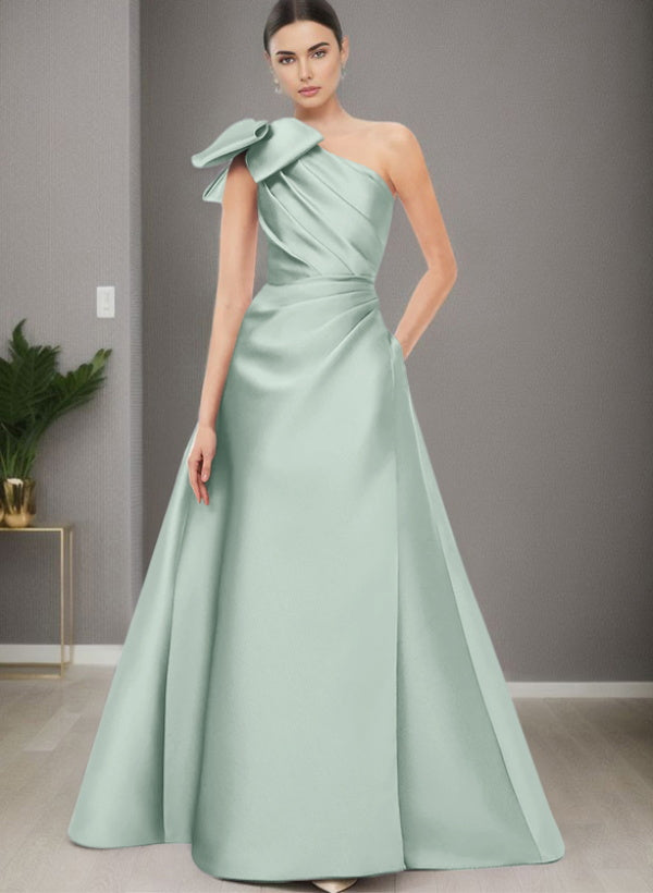 A-Line One-Shoulder Sleeveless Satin Bridesmaid Dresses With Bow(s) and Pockets