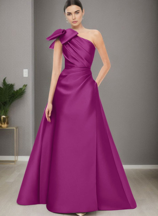 A-Line One-Shoulder Sleeveless Satin Bridesmaid Dresses With Bow(s) and Pockets