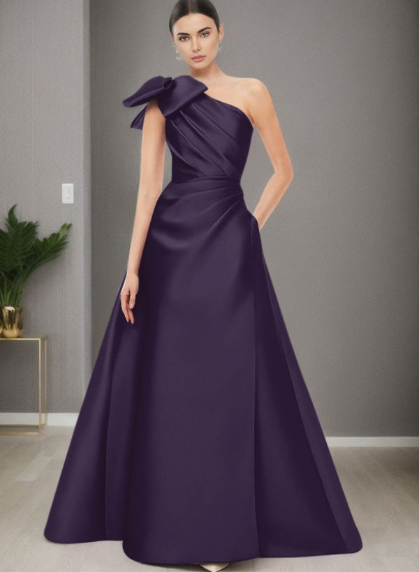 A-Line One-Shoulder Sleeveless Satin Bridesmaid Dresses With Bow(s) and Pockets