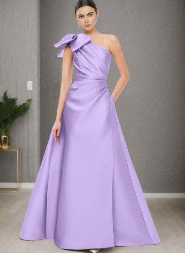 A-Line One-Shoulder Sleeveless Satin Bridesmaid Dresses With Bow(s) and Pockets