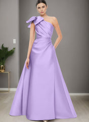 A-Line One-Shoulder Sleeveless Satin Bridesmaid Dresses With Bow(s) and Pockets