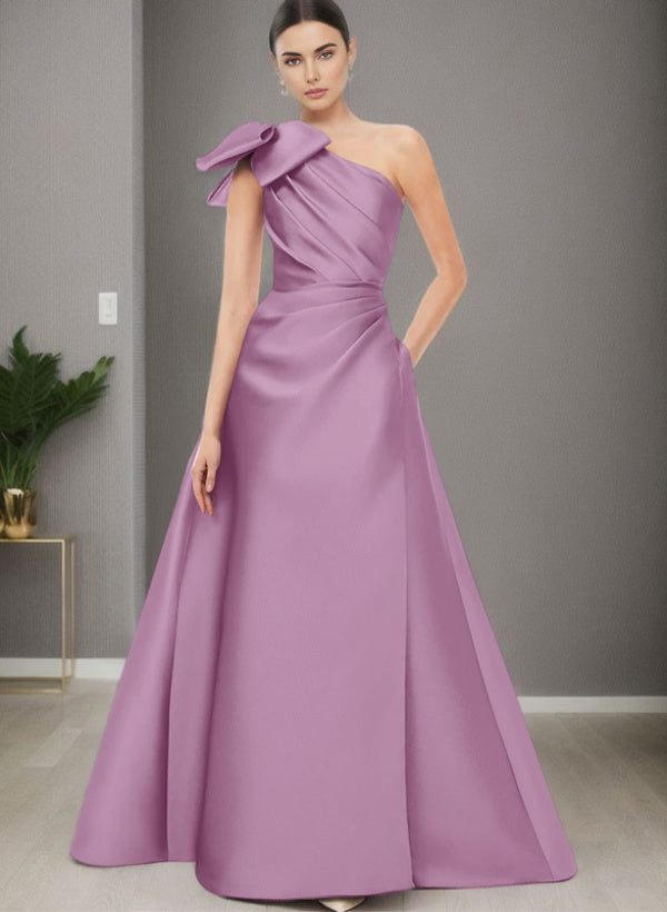 A-Line One-Shoulder Sleeveless Satin Bridesmaid Dresses With Bow(s) and Pockets