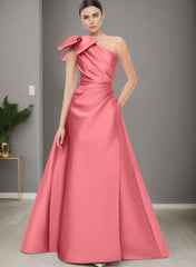 A-Line One-Shoulder Sleeveless Satin Bridesmaid Dresses With Bow(s) and Pockets