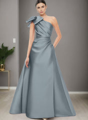 A-Line One-Shoulder Sleeveless Satin Bridesmaid Dresses With Bow(s) and Pockets