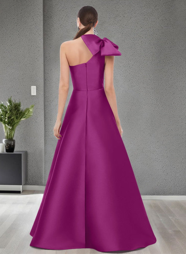 A-Line One-Shoulder Sleeveless Satin Bridesmaid Dresses With Bow(s) and Pockets