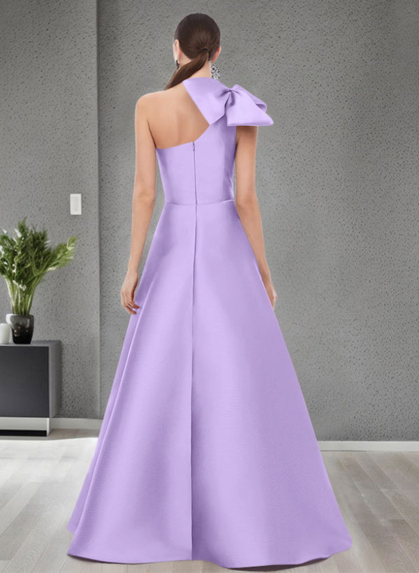 A-Line One-Shoulder Sleeveless Satin Bridesmaid Dresses With Bow(s) and Pockets