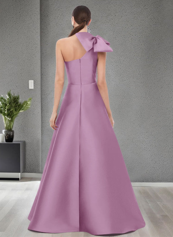 A-Line One-Shoulder Sleeveless Satin Bridesmaid Dresses With Bow(s) and Pockets