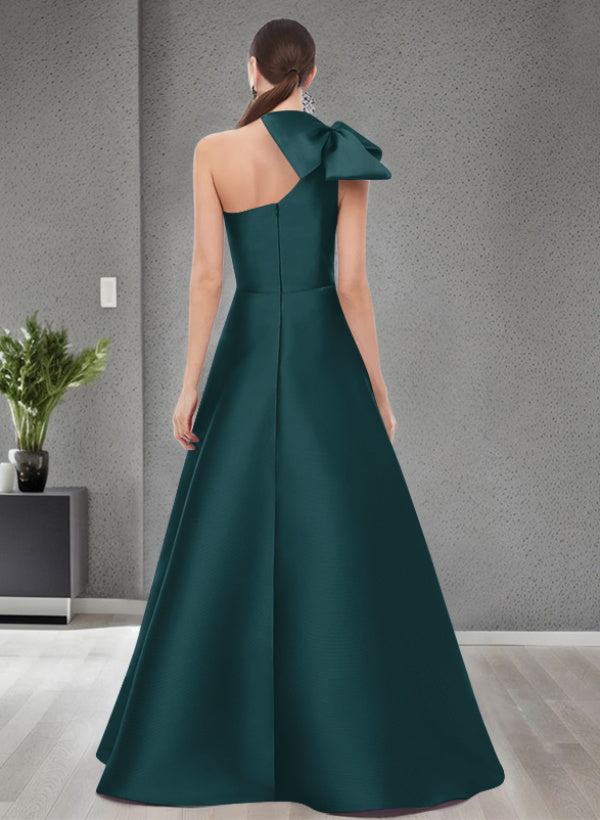 A-Line One-Shoulder Sleeveless Satin Bridesmaid Dresses With Bow(s) and Pockets