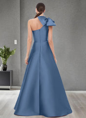 A-Line One-Shoulder Sleeveless Satin Bridesmaid Dresses With Bow(s) and Pockets