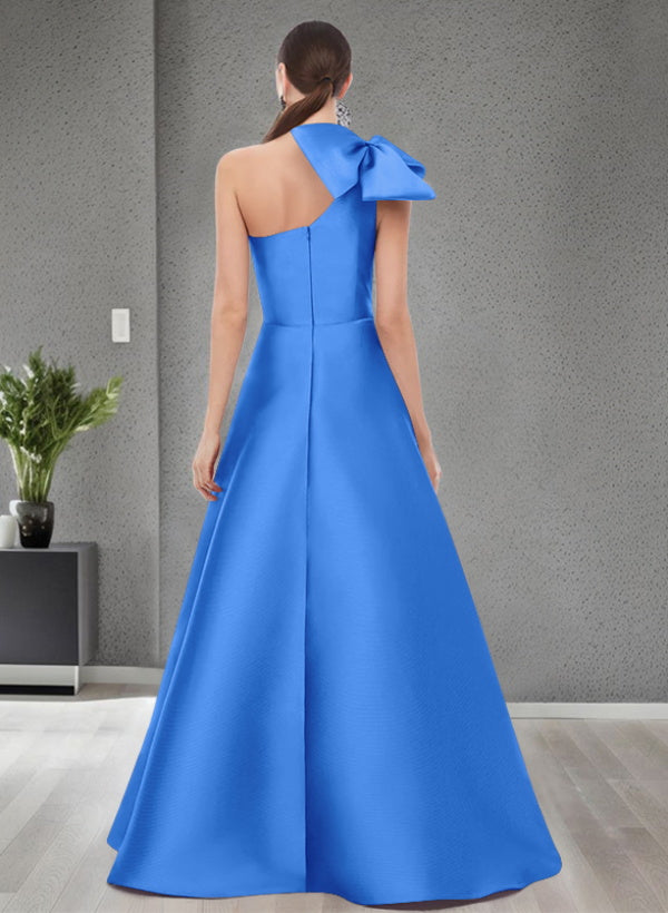 A-Line One-Shoulder Sleeveless Satin Bridesmaid Dresses With Bow(s) and Pockets