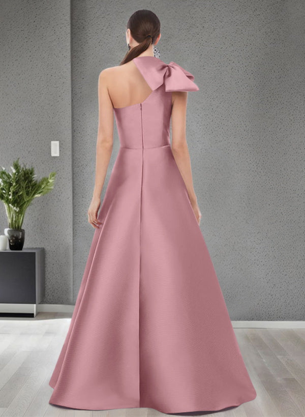 A-Line One-Shoulder Sleeveless Satin Bridesmaid Dresses With Bow(s) and Pockets