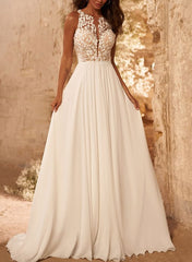 A-Line Scoop Neck Sleeveless Lace Wedding Dresses With Appliques Lace