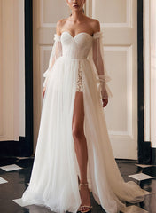 Off-The-Shoulder A-Line Wedding Dress with Long Sleeves and Split Front