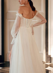 Off-The-Shoulder A-Line Wedding Dress with Long Sleeves and Split Front