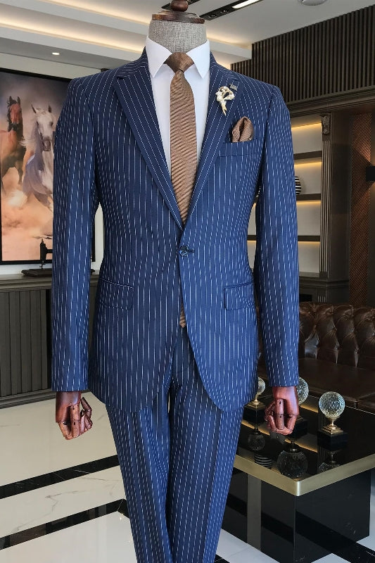 Blue Striped Notched Lapel Prom Suit