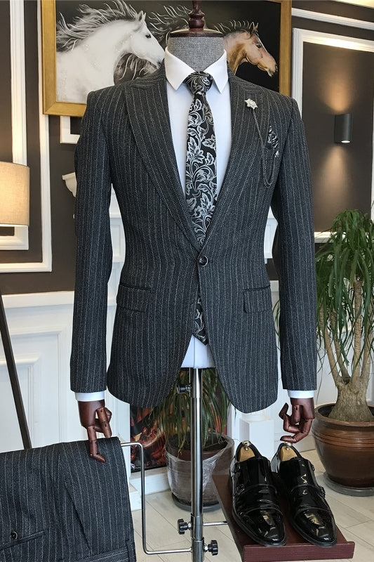 Black Striped Peaked Lapel Business Suit