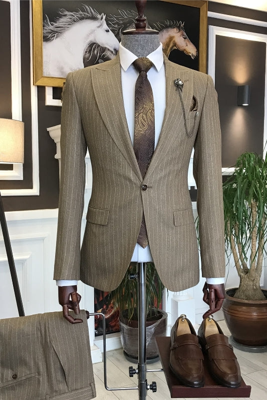 Decent Khaki Peaked Lapel Striped Business Suit for Men