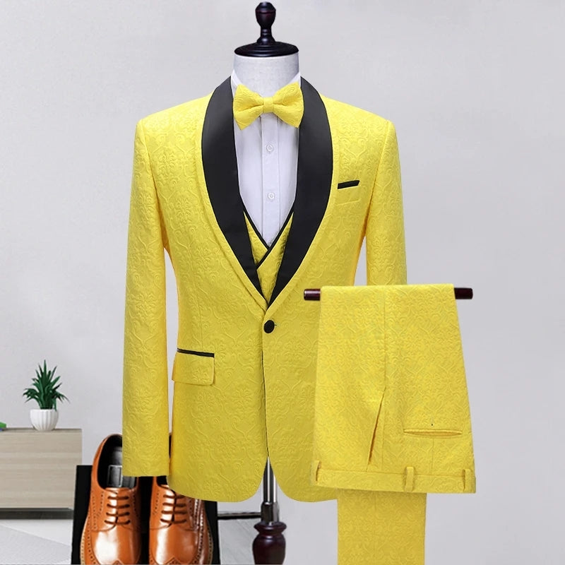 Chic Yellow Shawl Lapel 3-Piece Jacquard Prom Suit