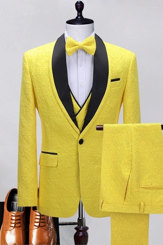 Chic Yellow Shawl Lapel 3-Piece Jacquard Prom Suit