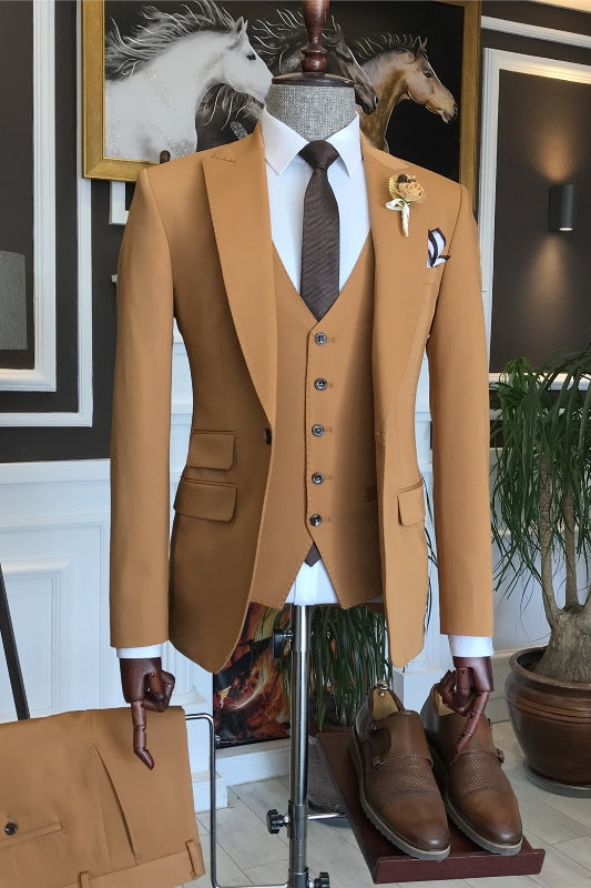 Camel Three-Piece Peaked Lapel Business Suit