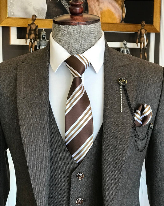 Black Striped Three-Piece Peaked Lapel Business Suit