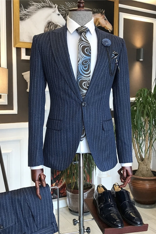 Navy Blue Striped Peaked Lapel Business Suit