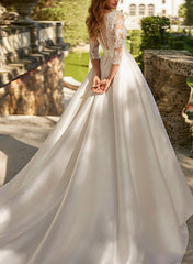 Lace Wedding Dresses with A-Line V-Neck 3/4 Sleeves and Court Train