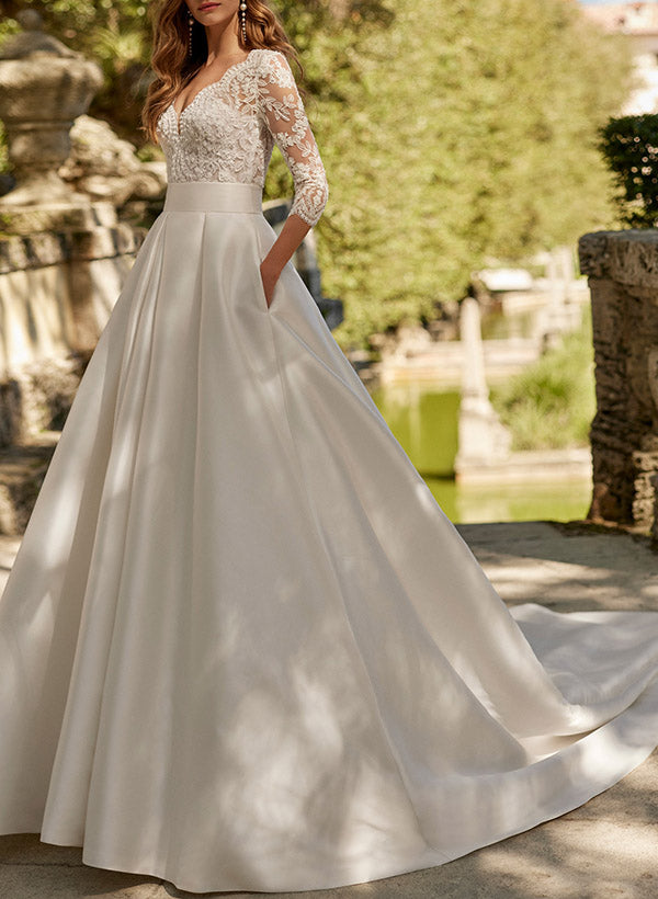 Lace Wedding Dresses with A-Line V-Neck 3/4 Sleeves and Court Train