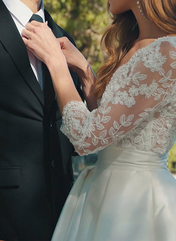 Lace Wedding Dresses with A-Line V-Neck 3/4 Sleeves and Court Train