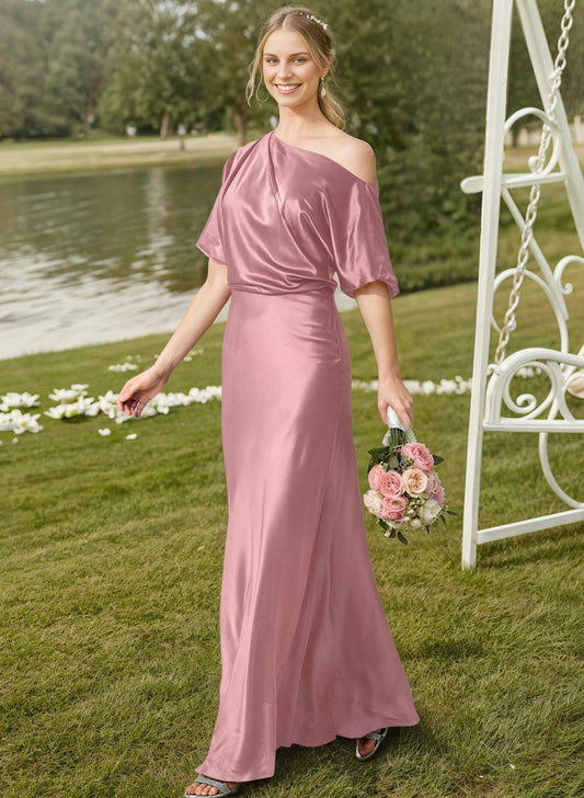 Asymmetrical Neck Short Sleeves Bridesmaid Dresses