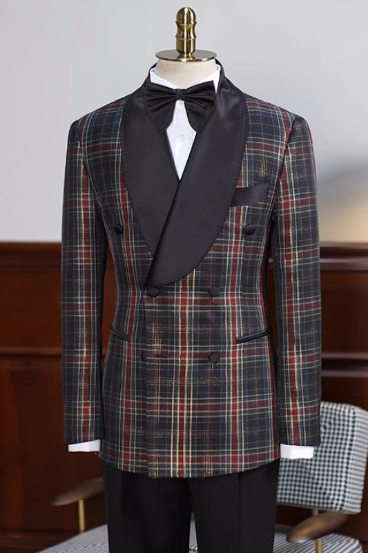 Black Plaid Double-Breasted Shawl Lapel Prom Suit