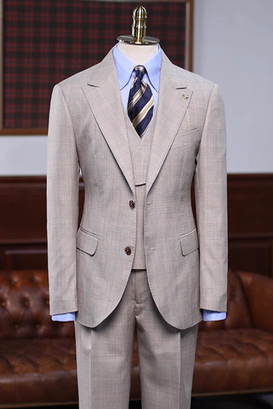 Khaki Plaid Three-Piece Peaked Lapel Prom Suit