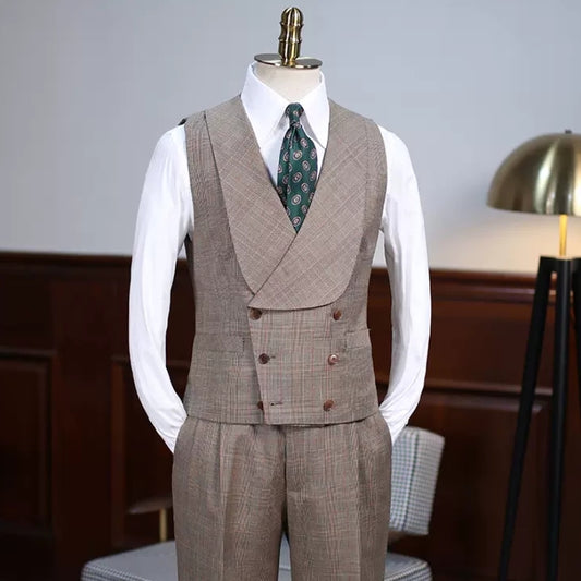 Khaki Plaid Notched Lapel Three-Piece Prom Suit