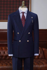 Elegant Navy Blue Peaked Lapel Double-Breasted Prom Suit