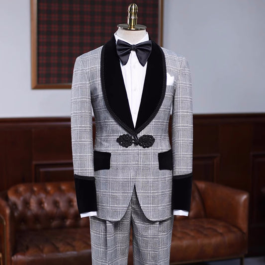 Newest Gray Plaid Shawl Lapel Wedding Suit for Men