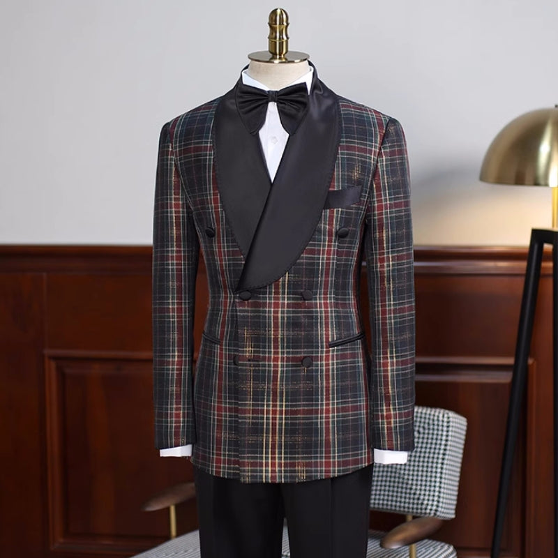 Black Plaid Double-Breasted Shawl Lapel Prom Suit