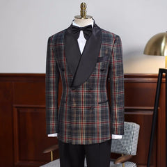 Black Plaid Double-Breasted Shawl Lapel Prom Suit