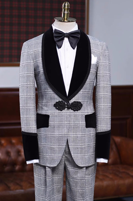 Newest Gray Plaid Shawl Lapel Wedding Suit for Men