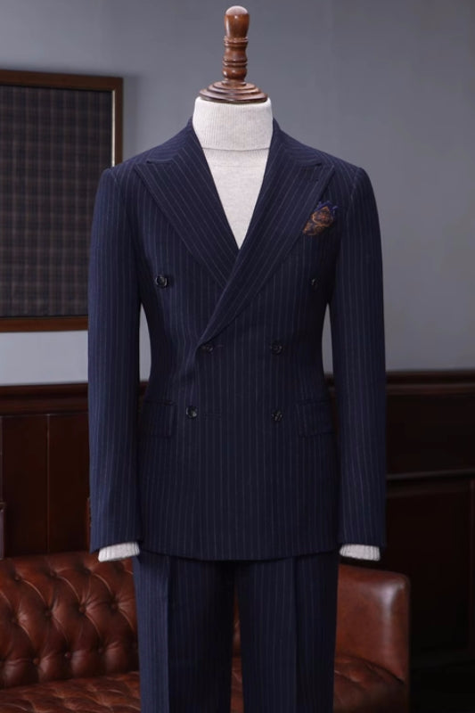 Handsome Navy Blue Striped Peaked Lapel Double Breasted Business Suit