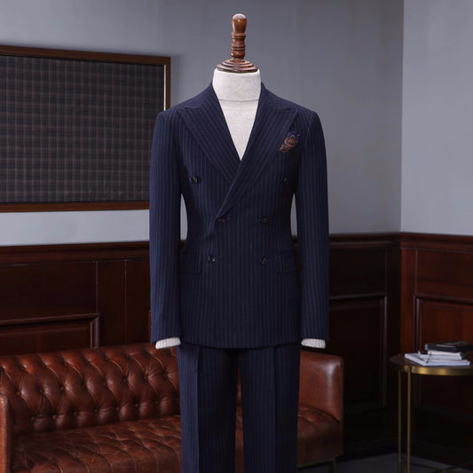 Handsome Navy Blue Striped Peaked Lapel Double Breasted Business Suit