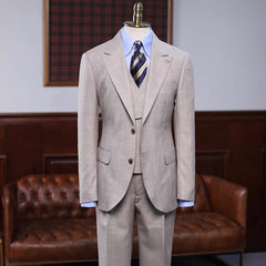 Khaki Plaid Three-Piece Peaked Lapel Prom Suit