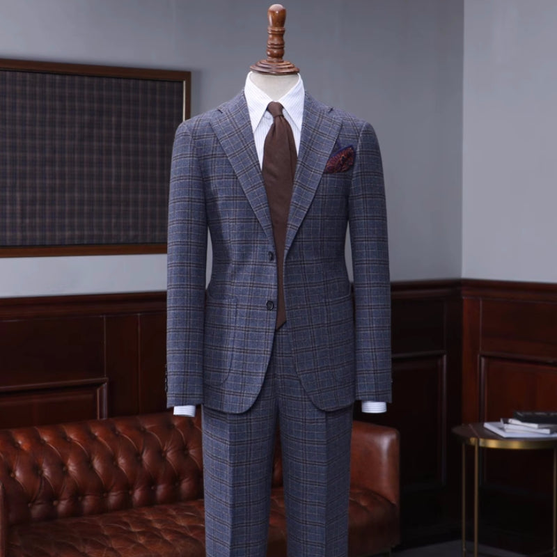 Dark Blue Plaid Notched Lapel Business Suit