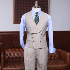 Khaki Plaid Three-Piece Peaked Lapel Prom Suit